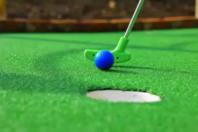 blue golf ball being putted in hole 